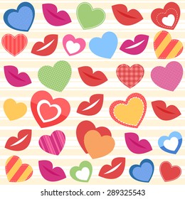 Background with colorful hearts and lips