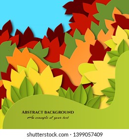Background with colorful leaves in paper cut style. Layered autumn design for posters, invitations, business cards, banners, advertising. Vector