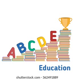 Background with colorful letters and pile of books. The concept of education of children.