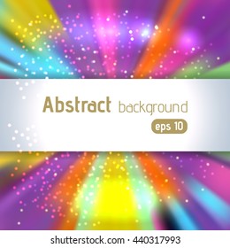Background with colorful light rays. Abstract backdrop. Vector illustration. Pink, yellow, orange, blue colors. 