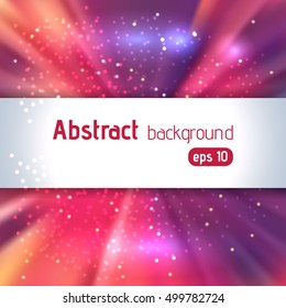 Background with colorful light rays. Abstract background. Vector illustration. Pink, purple, orange, red colors