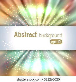 Background with colorful light rays. Abstract background.  Vector illustration. Beige, green, white colors. 