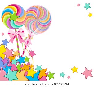 Background with colorful lollipop and stars. Vector illustration.