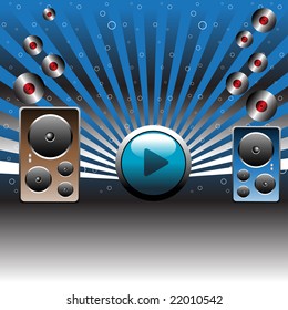 Background with colorful loudspeakers, abstract play button, small circles and colorful records