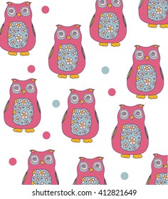 background with colorful owl pattern with flowers on white background speckled, vector drawing owls