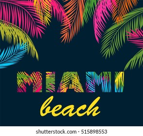 Background with colorful palm leaves and miami beach lettering