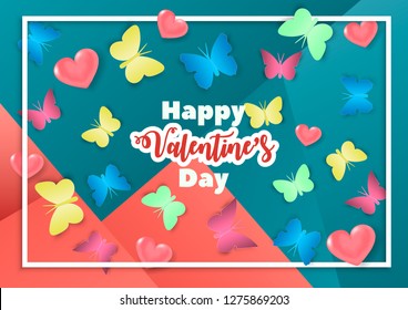 Background with colorful paper butterfly and 3d hearts. Butterflies, made of paper and 3d hearts randomly scattered on background for Valentine's day. Concept for greeting card, poster, or banner. 