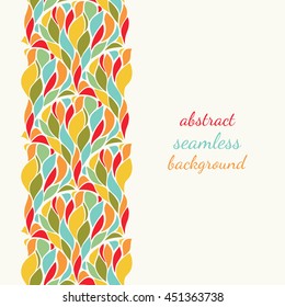 Background with colorful pattern. Abstract bright colors drops elements. Vertical seamless border. Repeatable decorative ornament. Copy space. Vector illustration.