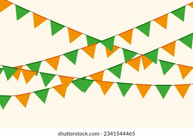 Background with colorful Ribbons with Ribbon. Festive backdrop with Triangle. Saint Patrick's festival banner. Vector illustration. Big horizontal poster with carnival element.