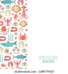 Background with colorful seafood and fish icons. Black background.