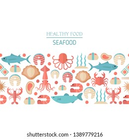 Background with colorful seafood and fish icons. Black background.
