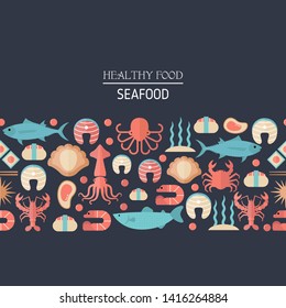 Background with colorful seafood and fish icons. Blue background. Vector illustration.