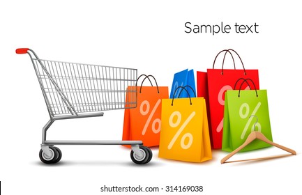 Background with colorful shopping bags and shopping cart. Discount concept. Vector illustration.