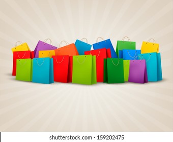 Fondo con coloridas bolsas de compras. Concepto de descuento. Ilustración vectorial.