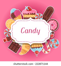 Background With Colorful Sticker Candy, Sweets And Cakes.