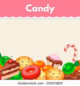 Background with colorful sticker candy,  sweets and cakes.