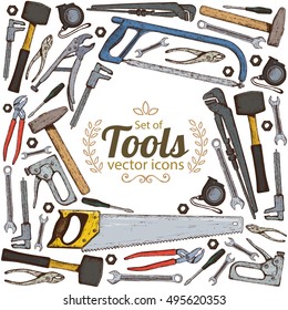 Background with colorful tool icons. Sketch style illustration of repair tools for vintage decoration. Vector.