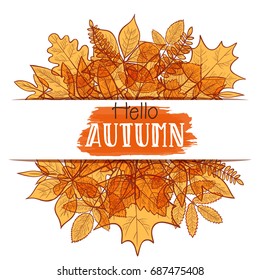 Background with colorful transparent skeleton autumn leaves, hello autumn. Vector