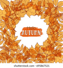 Background with colorful transparent skeleton autumn leaves, hello autumn. Vector