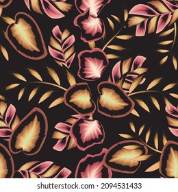 Background with colorful tropical plants leaves and abstraction on dark. Vector design. Flat jungle print. Floral background. Exotic tropics. Summer design. Template for print, textile or wallpaper 
