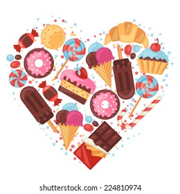 Background with colorful various candy, sweets and cakes.