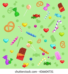 Background with colorful various candy.assorted chocolates colorful lollipops. Ice cream cones, candy, sweets