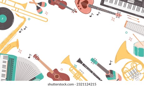 Background of colorful various musical instruments with place for text useful to use for events, promo banner, sales. Strings, percussion, wind musics instrument. Flat cartoon vector illustration.