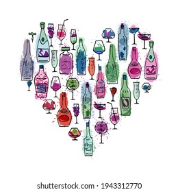 Fondo con botellas vectoriales coloridas en forma de corazón.