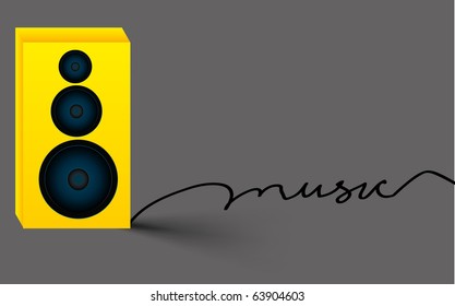 Background with colorful yellow column loudspeaker and a music word made from cable isolated on white, vector illustration