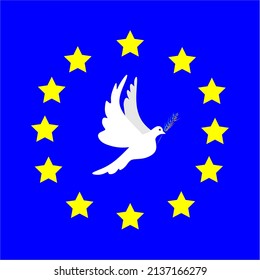 Background with the colors of the European flag, in front of it flies a white dove carrying a spike with the colors of the Ukrainian flag, which symbolizes one of the most important products produced 