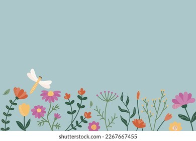 Background of the colors located at the bottom. A bouquet of stylized plants in the flat style.  Dragonfly. Space for text. Vector illustration on a blue background.