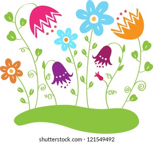 Background with colour flowers on the green grass lawn