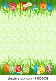 Background  with coloured eggs in a grass with space for text