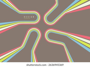 Background with coloured lines in retro 1970s style. Abstract dynamic curved ribbons. Design for poster or banner design of sports races and running events. Vector.