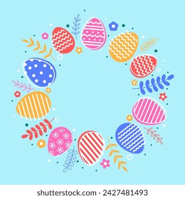 Background with colourful Easter eggs. Greeting card concept in modern minimal style. Vector illustration