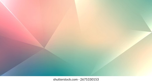 The background combines soft pastel colors, gradients of pale pink, warm peach, and turquoise or mint green. This low-poly geometric design creates a contemporary abstract background.