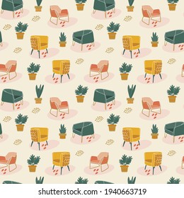 Fondo de cómodas sillas escandinavas. Resumen de elementos de doodle con mobiliario. Patrón interior con silla amarilla y verde. Para el patrón textil. Ilustración del vector
