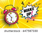 Background with comic alarm clock ringing and expression speech bubble with wake up text. Vector bright dynamic cartoon illustration in retro pop art style on halftone background.