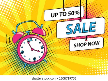 Background with comic alarm clock ringing and sale labels. Vector illustration in retro pop art style on a halftone background.