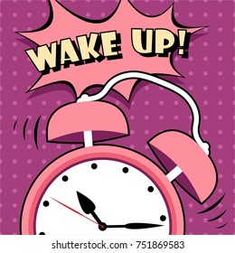 Background with comic alarm clock ringing and expression speech bubble with wake up text. Vector illustration. WAKE UP!