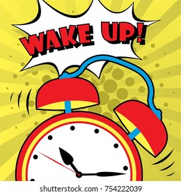 Background with comic alarm clock ringing and expression speech bubble with wake up text. Vector illustration. WAKE UP!