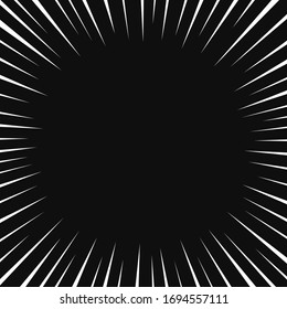 Background of comic book action lines. Speed lines Manga frame isolated on black background. Vector graphic design.