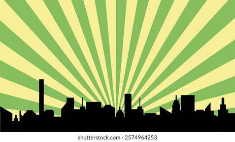 Background for a comic book with skyscrapers and colored rays of green, and a silhouette of a city