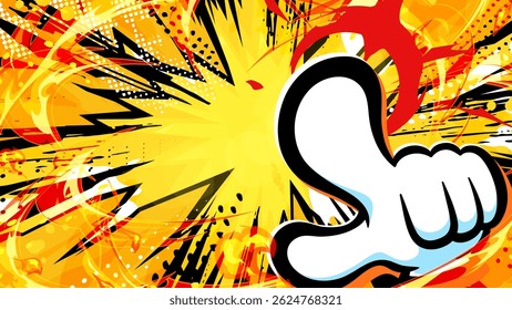 Background with a comic book style gloved hand pointing forward_16:9