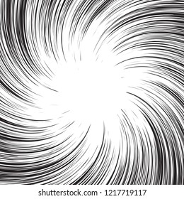 Background for comic books. Radial lines slightly twisting spiral. Manga or anime graphic texture. Black and white vector illustration
