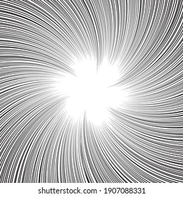 Antecedentes de las historietas. Las líneas radiales giran ligeramente la espiral. Textura gráfica de manga o anime. Ilustración vectorial en blanco y negro
