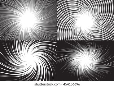 Background for comic books. Radial lines slightly twisting spiral. Black and white vector illustration