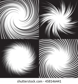 Background for comic books. Radial lines slightly twisting spiral. Black and white vector illustration