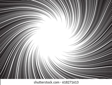 Background for comic books. Radial lines slightly twisting spiral. Black and white vector illustration