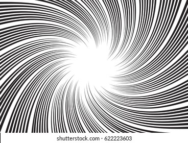 Background for comic books. Radial lines slightly twisting spiral. Black and white vector illustration